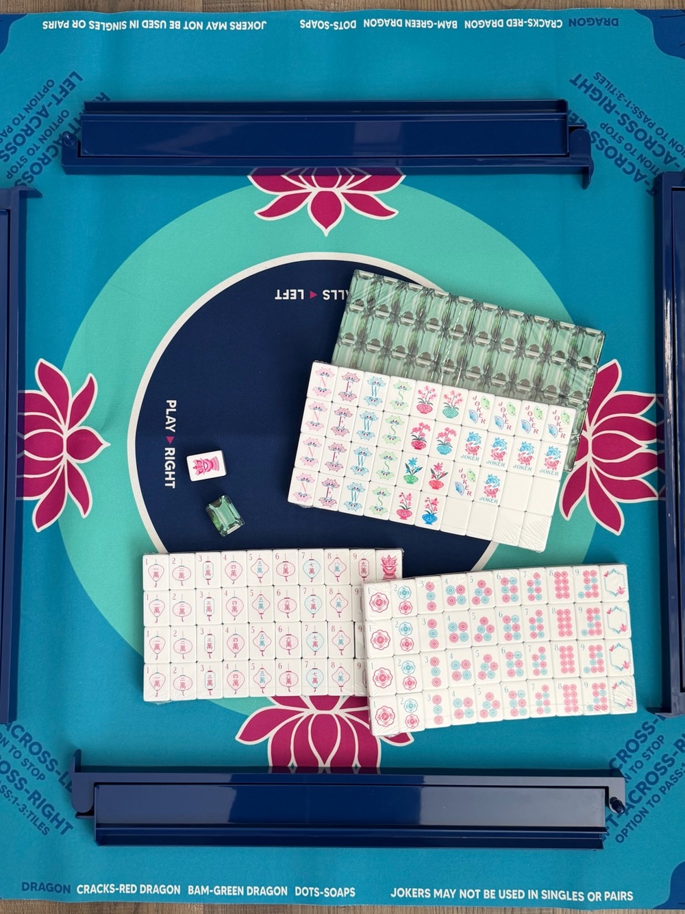 Mahjong Mat with Tiles and Racks set - teal, magenta, green